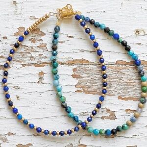 Set of 2 Bracelets w/ Lapis Lazuli & Turquoise, Matte Gold & Gold filled beads